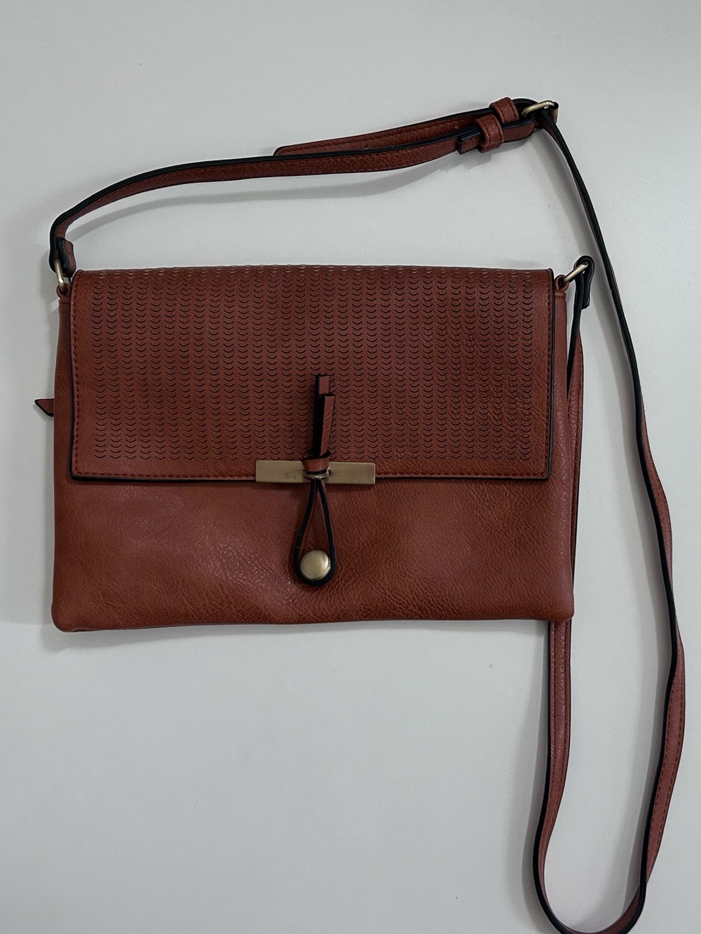 Brown Leather Crossbody Bag with Textured Flap